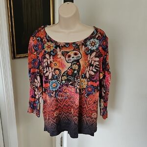 Energe World Wear Day Of The Dead, Sugar Skull Floral Cat Top Size XL